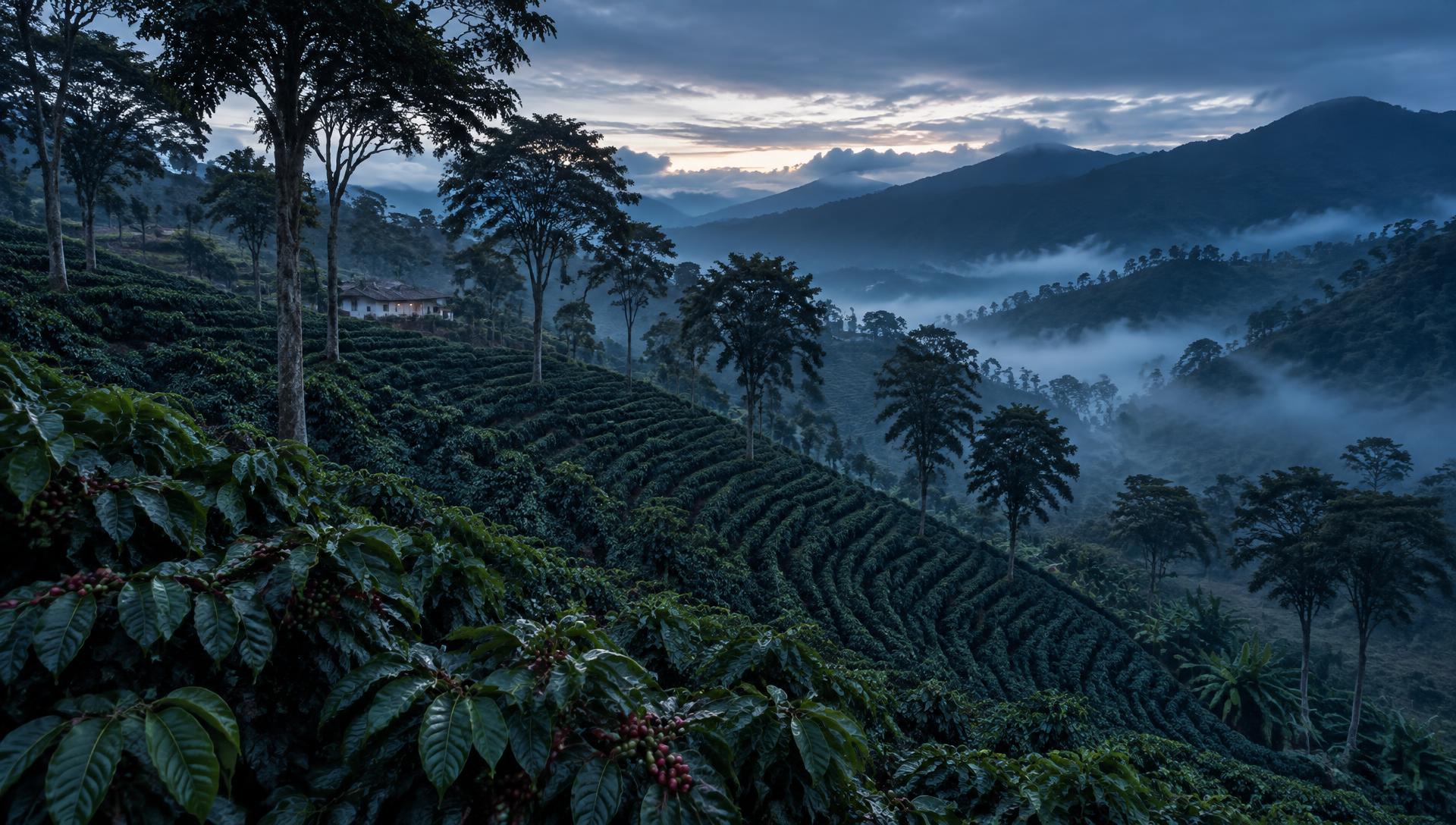 Terraced coffee farm hillsides at blue hour